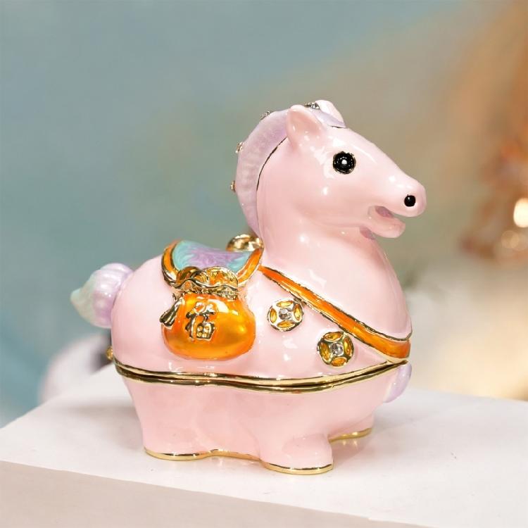 Exquisite Alloy Trinket Box Horse Shaped Jewelry Case with Glossy Finish and Sparkling Rhinestones for Small Accessory