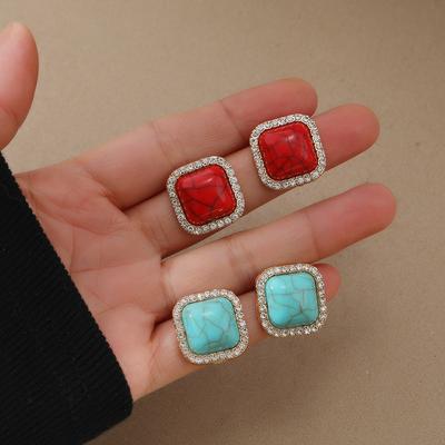 925 Silbernadel Neue Trendige Retro-Mode Türkismuster Ohrringe Damen Nische Premium Temperament Kristall Rot Ohrringe