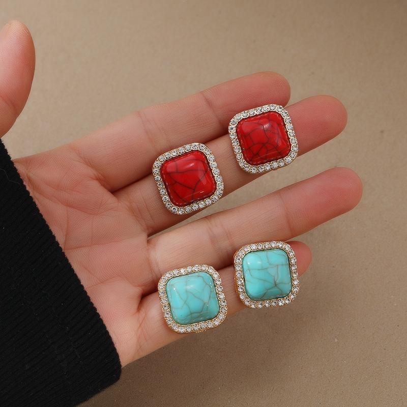 925 Silver Needle New Trendy Retro Fashion Turquoise Pattern Earrings Women's Niche Premium Temperament Crystal Red Earrings