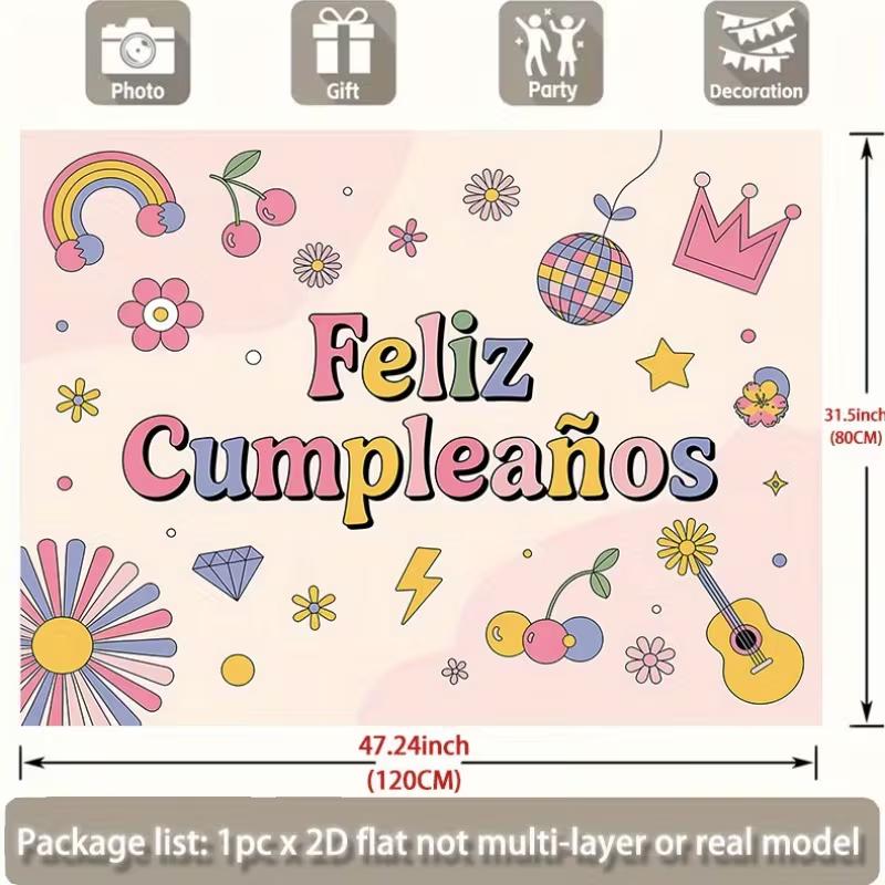 2D Groovy Pastel Spanish Birthday Backdrop "Feliz Cumpleaños" Celebration Photo Background