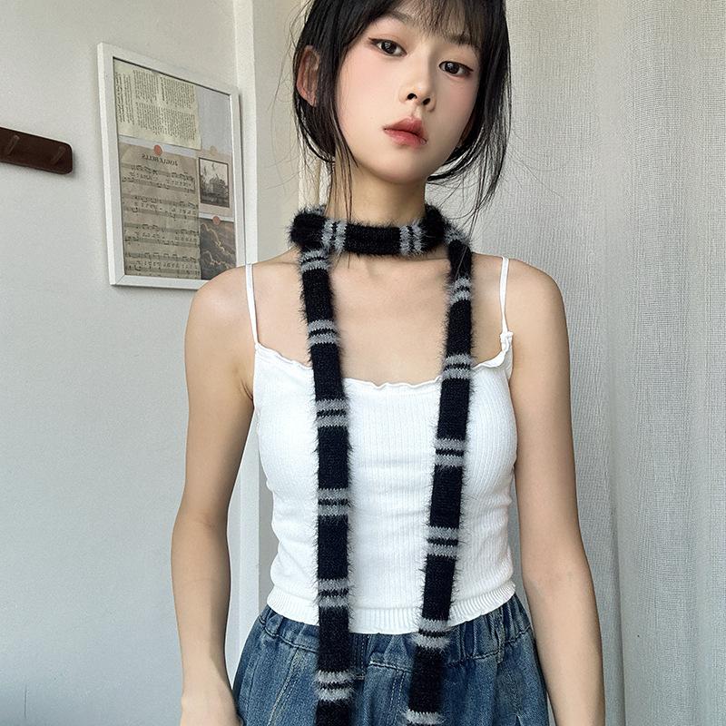 Luochi Fluffy Soft Y2K Striped Knit Scarf - Versatile Neck Warmer for Women