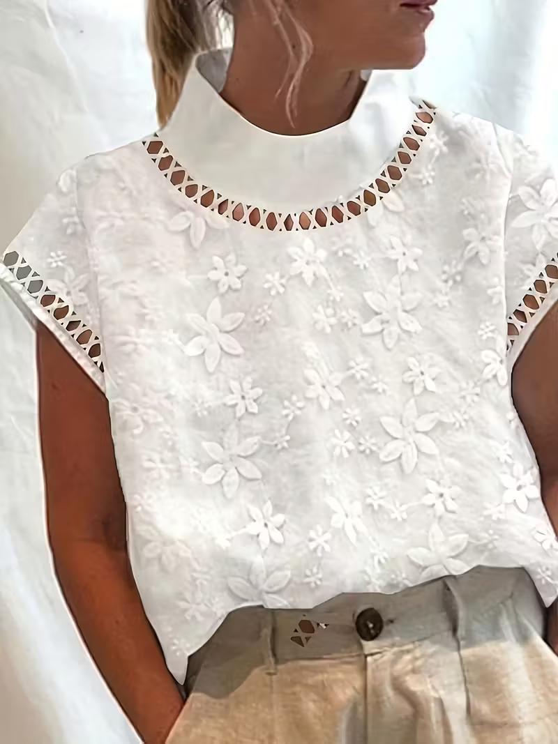 Women s Elegant Floral Jacquard Short Sleeve Blouse Button Down Turn Down Collar Casual Office Shirt Summer Fashion Top S