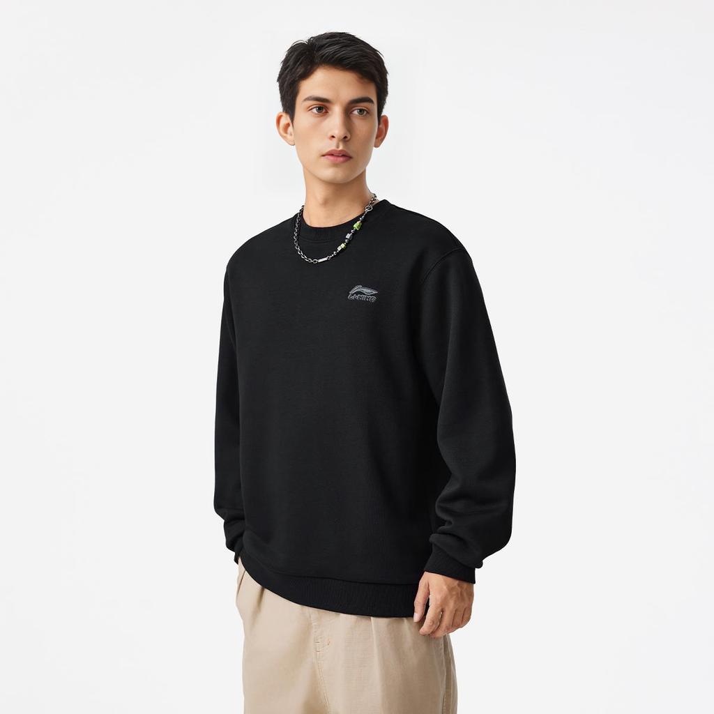 Li Ning Sports Lifestyle Series Fleece Pullover Crewneck Letter Embroidery Logo Sweatshirt Unisex sweatshirt Black AWDUA53-2