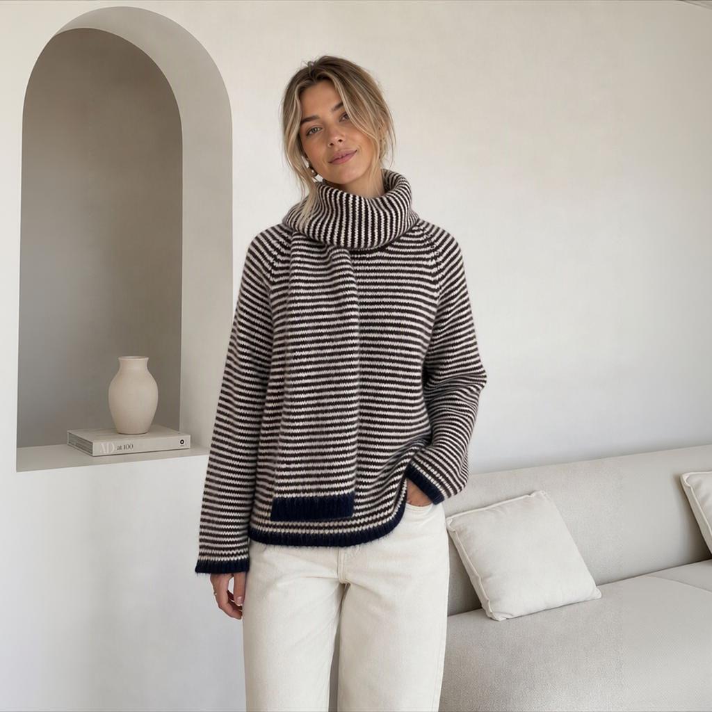Women's Striped Knit Scarf Pullover Sweater, Color Block Casual Top for Fall and Winter