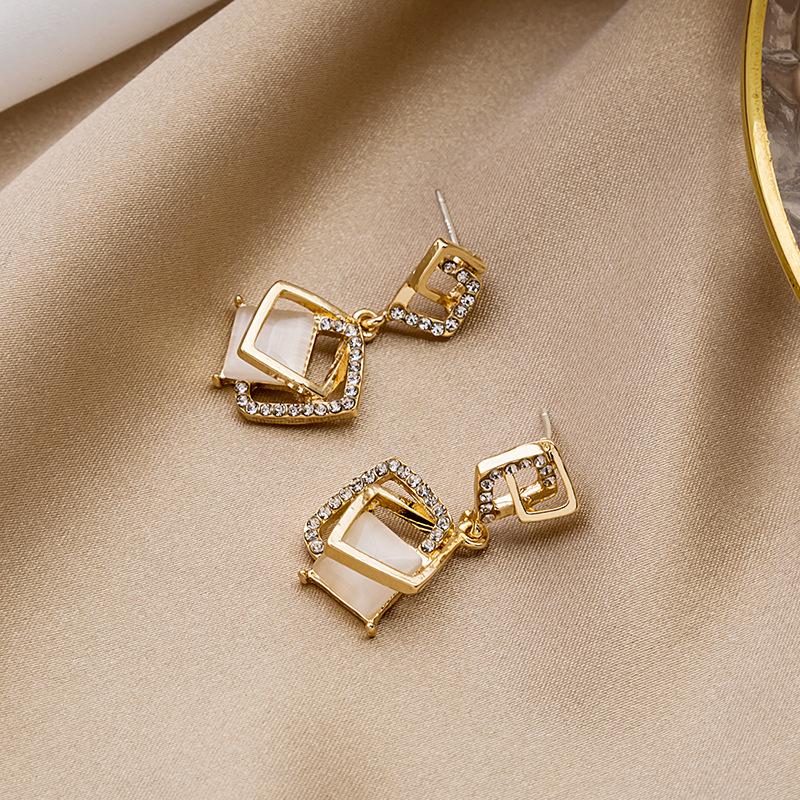 Geometric Square Earrings, Opal Diamond-Set Rhombus Temperament Trendy Stud Earrings.