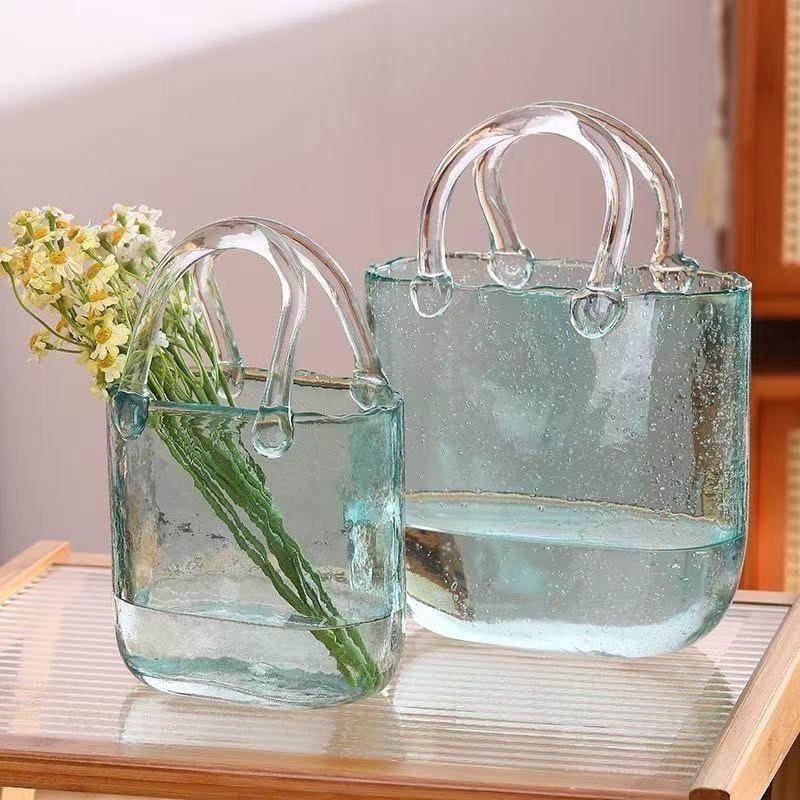 Trendige Glas-Handtaschen-Vase, Kreative Blasen-Fischglas-Blumenvase für Tischplatte, Hydroponische & Dekorative Blumen