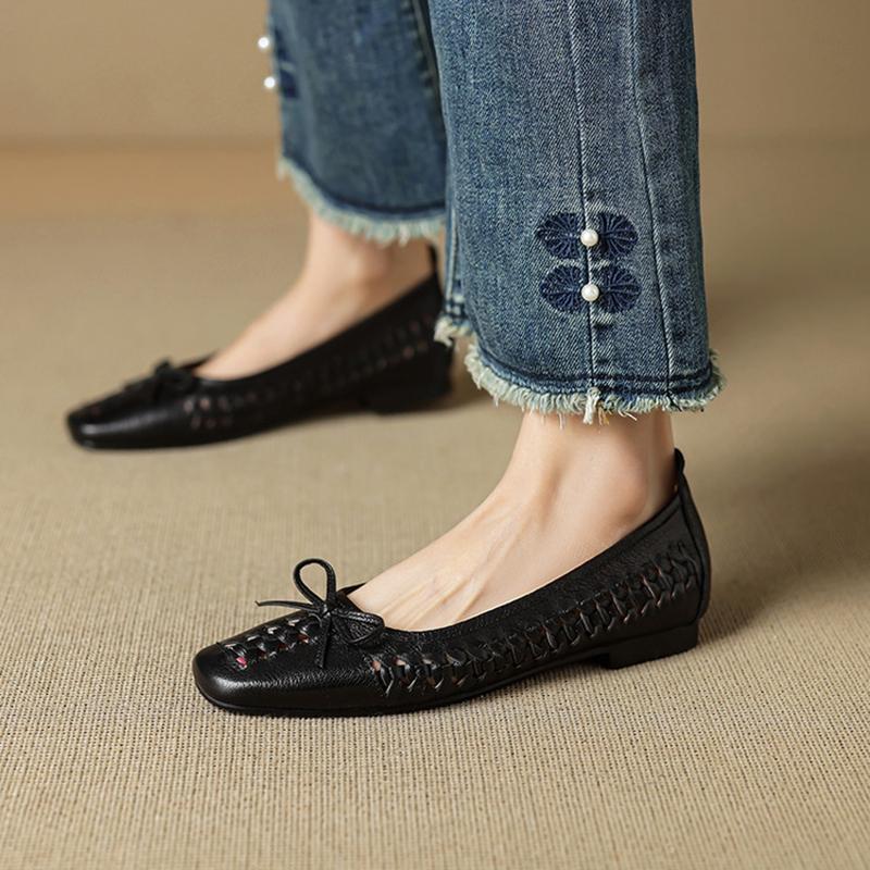 Fashion NEW Spring/Autumn Women Pumps Square Toe Low Heel Shoes Genuine Leather Shoes for Women Concise Bow-hnot Weave Slip-on Shoes