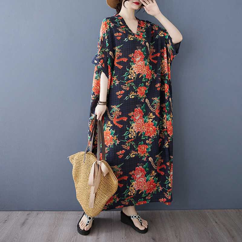 Vestido de Algodón Lino de Verano Color Viaje Cuello en V Retro Falda Larga