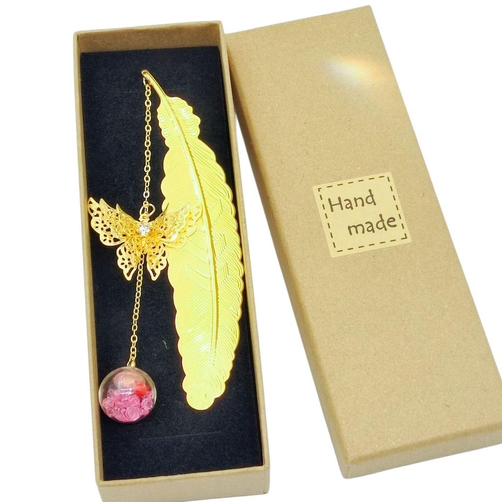 Chinese Style Dried Flower Bookmark with Feather, Metal Butterfly & Tassel - Ideal Teacher's Day Gift