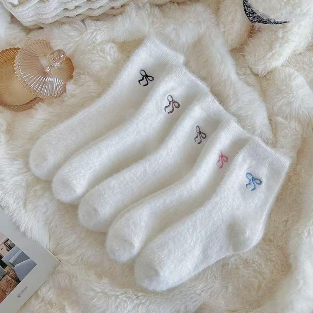 

Cozy Plush Socks Sweet Bow Fluffy Socks Home Comfort Warm Socks Cold Weather Mixed color 5 pairs