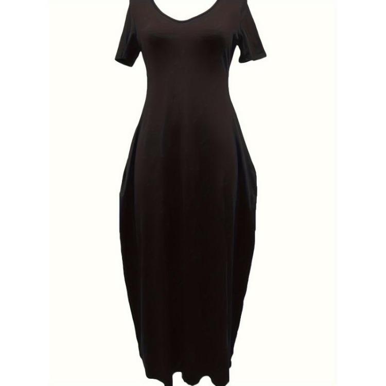 Women's Casual Maxi Dress Short Sleeve Simple Solid Dress With Pockets