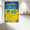 Vintage Weathered W-40 Metal Tin Sign, Rusty Tool & Nut Solution Wall Decor with Wrench Socket Illustration, Tech Oil Service Si