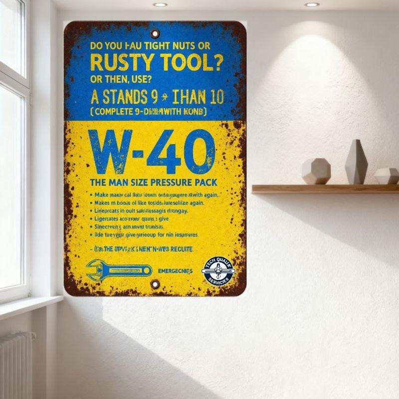 Vintage Weathered W-40 Metal Tin Sign, Rusty Tool & Nut Solution Wall Decor with Wrench Socket Illustration, Tech Oil Service Si