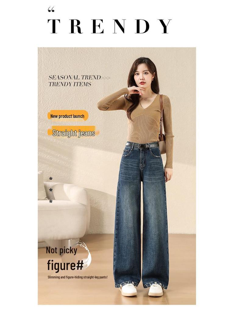Autumn 2025 Retro Blue High Waist Straight Leg Jeans: Versatile, Slimming, Loose, Floor-Length Trousers