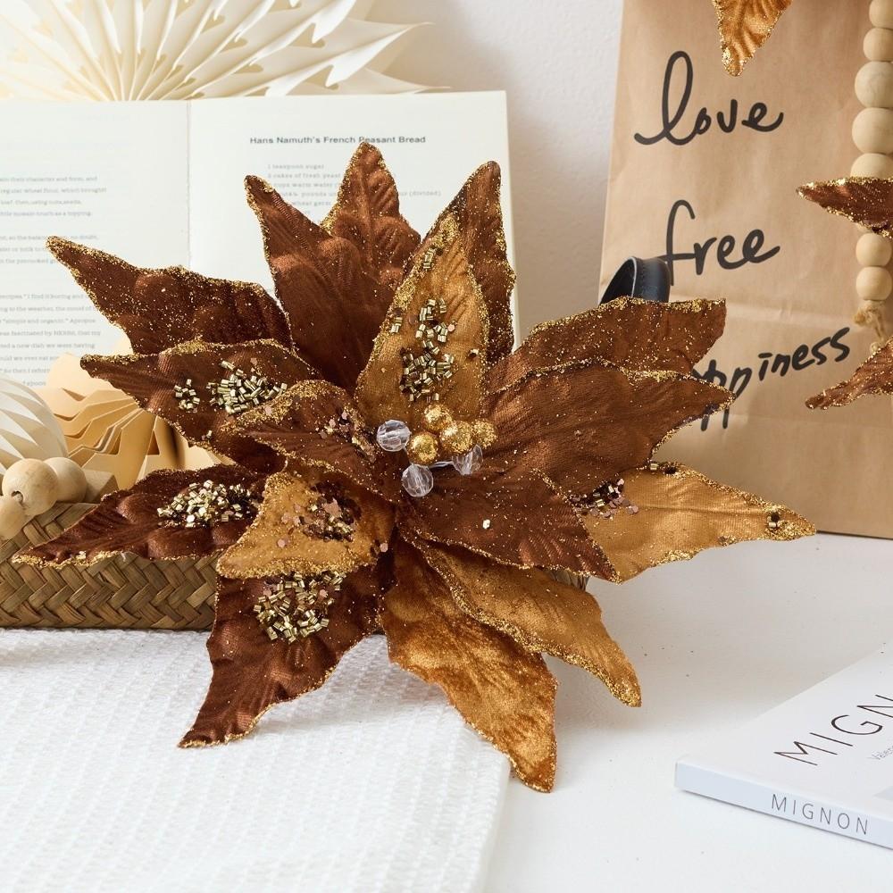 Flannel Fabric Christmas Artificial Flowers Plastic Glitter Glitter Fake Flower 32cm DIY Glitter Poinsettia