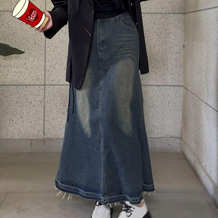 Spring 2025 High Waisted Distressed Denim Midi Skirt - Retro A-Line Design