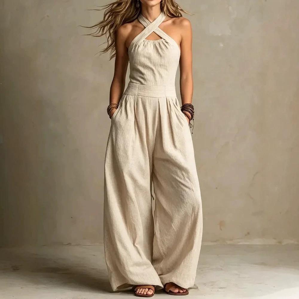 2026 European and American cross-border independent station Amazon's new sleeveless lazy wind pendant feeling neck women's wide-leg jumpsuit