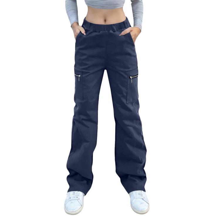 

Elegant Summer Business Work Pants Women Elastic Waist Cropped Trousers Button Design With Pockets S темно-синий