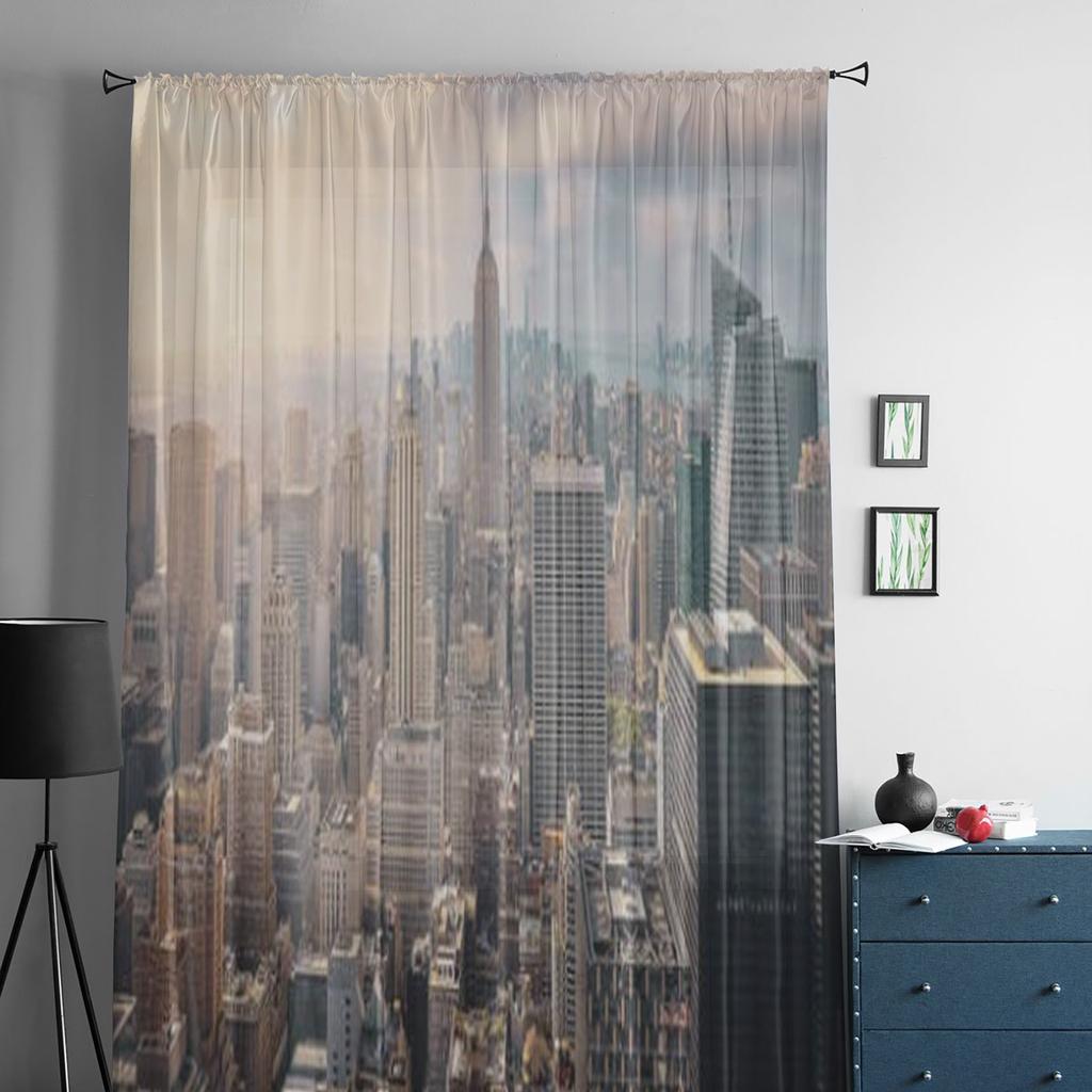New York City Skyline Mit Blauem Bewölktem Himmel Und Sonnenstrahlen Transparente Vorhänge für Wohnzimmer Schlafzimmer Fenster Voiles Tüllvorhang