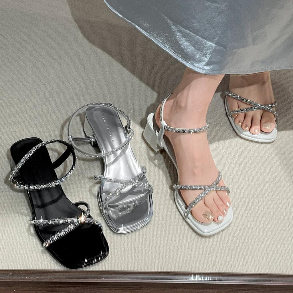 Silver High-end Thick High-heeled Sandals Women's 2025 New Summer Wear Heightening French Square Head Cool Slippers