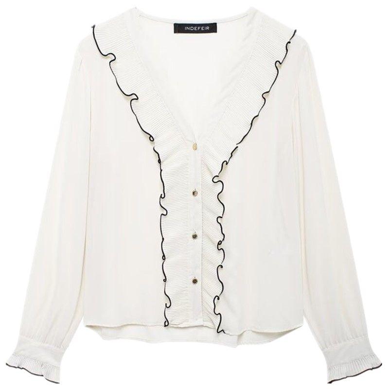 Fashion Style 2024 Fall and Winter New Women's Clothing Small Pleated Laminated Decoration Long Sleeves V-neck Shirt 8741249