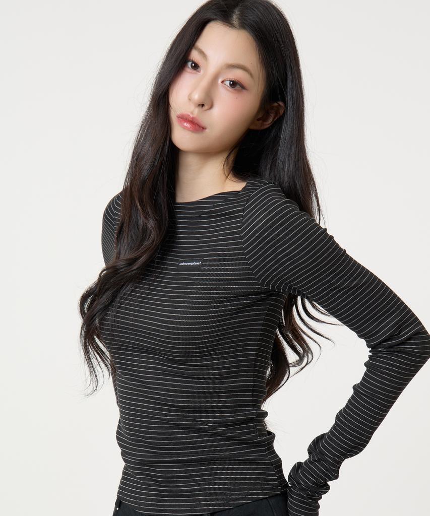 UNKNOWN PLANET Slim Striped Boat Neck Long Sleeve Top Black
