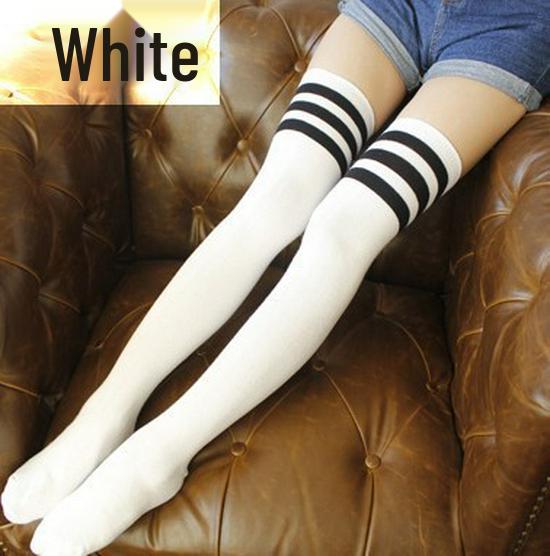 Flirty College-Style Black & White Striped Over-the-Knee Socks, Size 7
