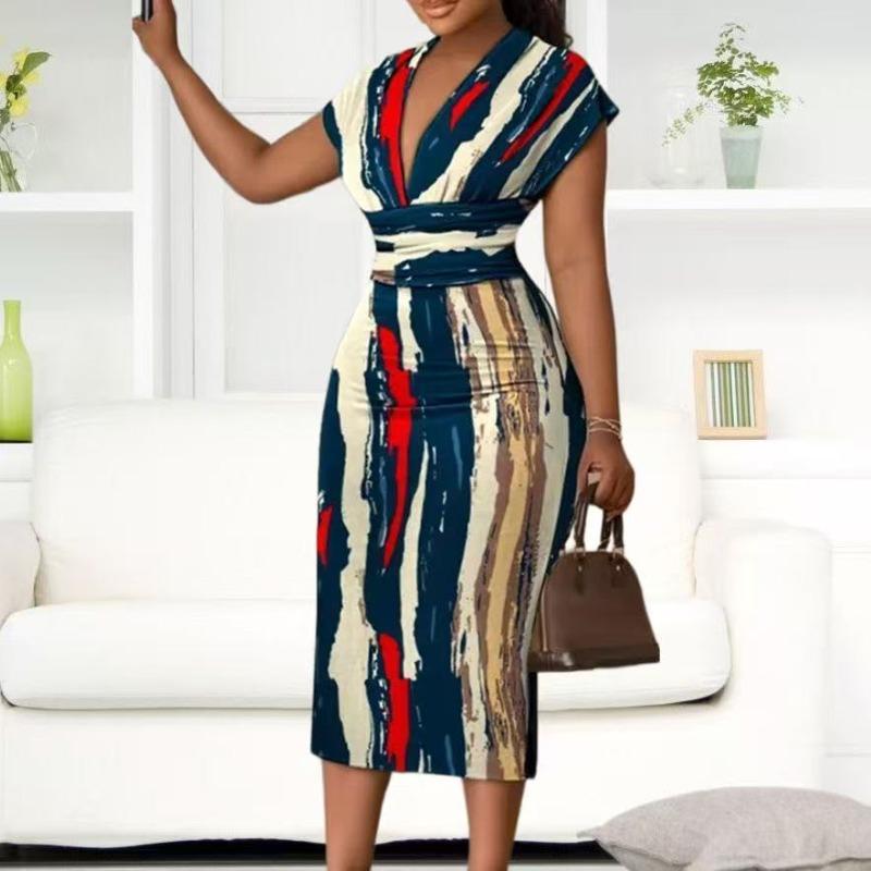 Sommer Neu Bedrucktes V-Ausschnitt Lässiges Sexy Langes Kleid Damen Hohe Taille Schlanke Passform Elegante Kleider Damen Vintage Gestreiftes Büro Damen Party Club Kleid 26270
