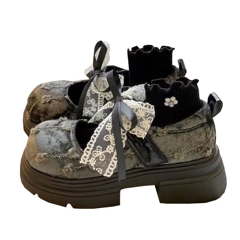 Neue chinesische flache Einzelschuhe Damen neue kleine dicksohlige kleine Lederschuhe großer Kopf Schleife Mary Jane Schuhe