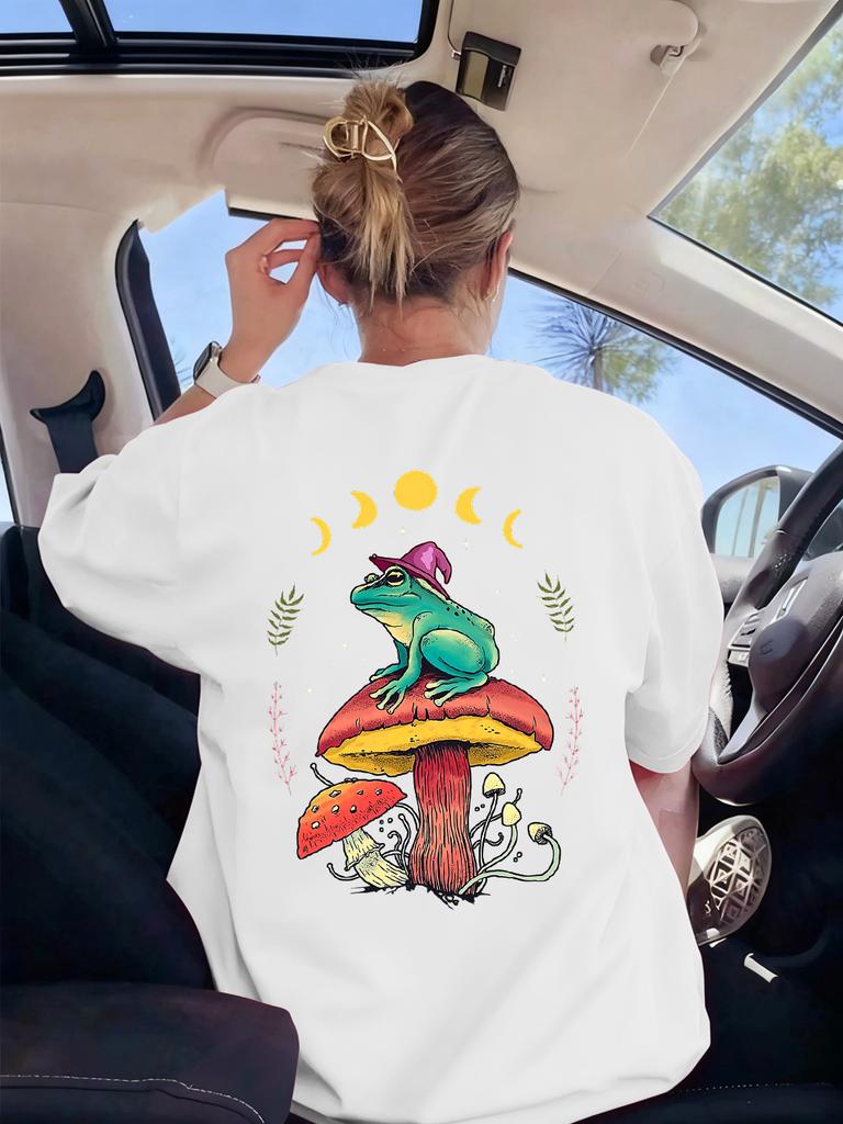 Goblincore Froschmagier auf Pilz Drucke T-Shirts Damen Sommer Kurzarm Tops Weiche T-Shirts Basics Locker Damen Streetwear