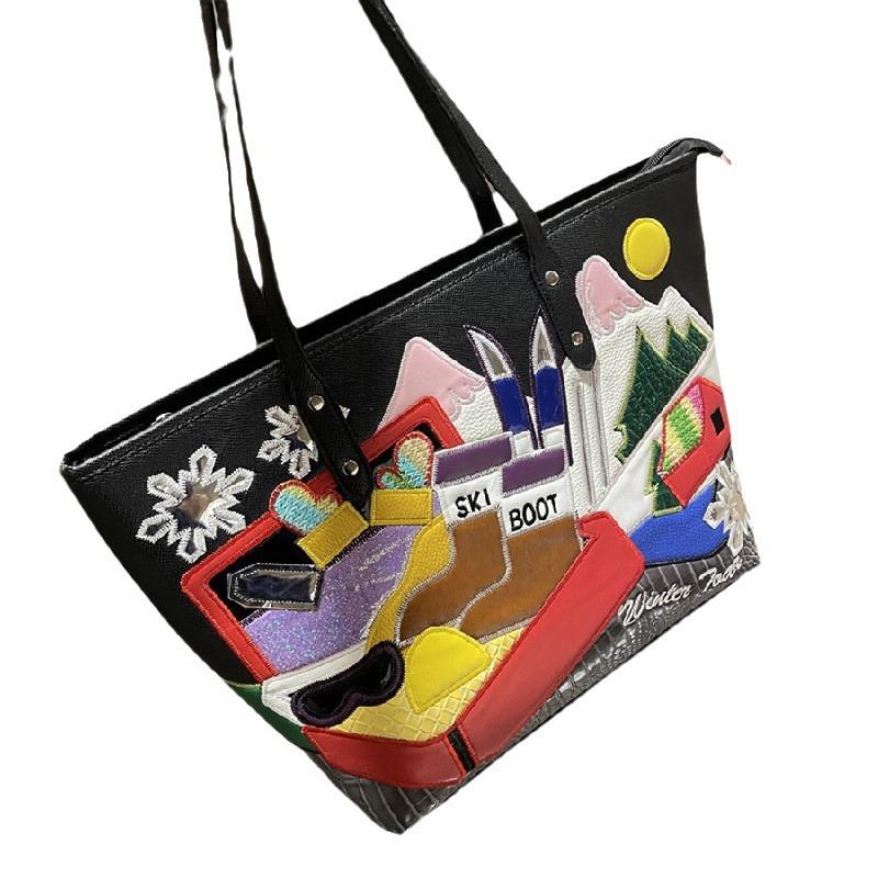 Women'S Shoulder Bag Splicing Embroidery Trendy Bag Versatile Large Capacity Tote Bag Shopping Bag