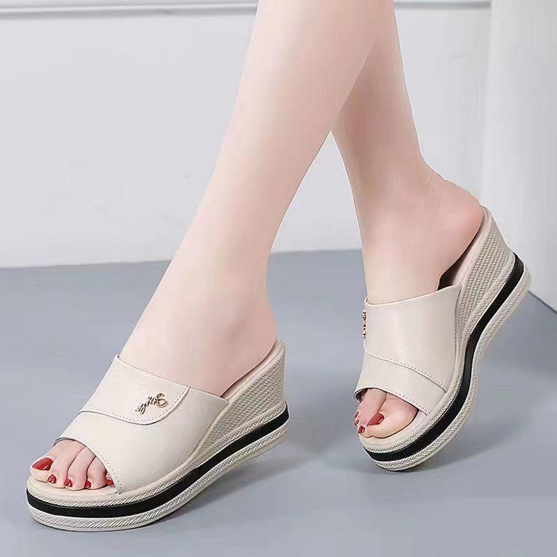 Soft leather slippers summer new versatile outer wear casual muffin heightening sandals fashionable one-word women's shoes