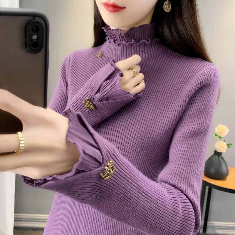 Autumn Winter New Lace Edge Half High Collar Knit Pullover Women Clothing Fashion All-match Solid Slim Sweaters Lady Elegant Top