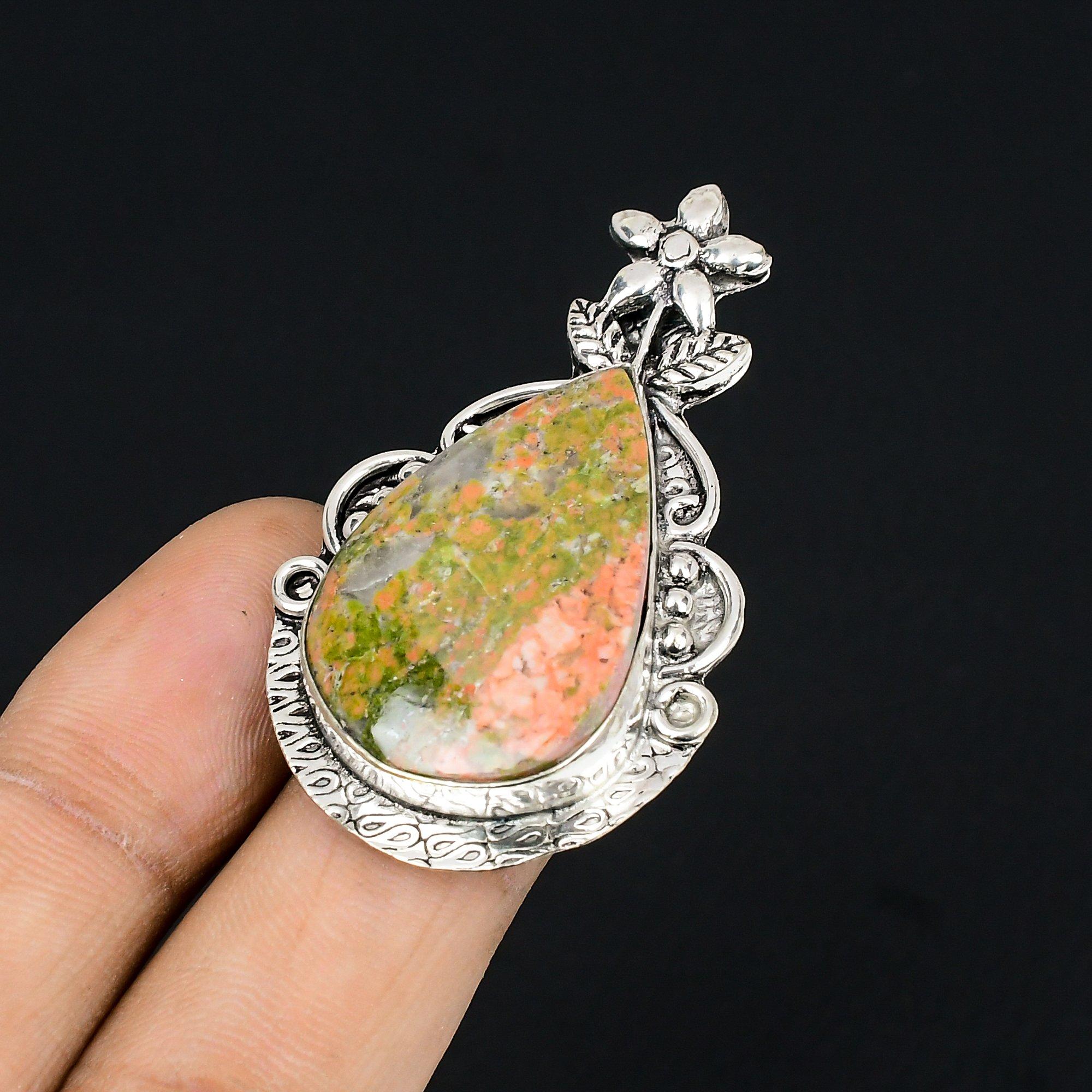 Распродажа к Женскому дню Груша Натуральный Унакит Серебро 925 Кольцо-цветок Statement для жены Размер US 6 6