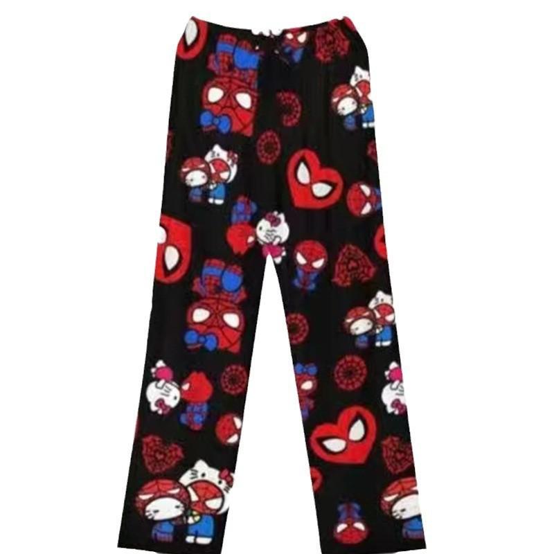 Cartoon Kat Flanellen Pyjamabroek Dames Winter Koraal Fleece Dik Warm Loungewear Huisbroek
