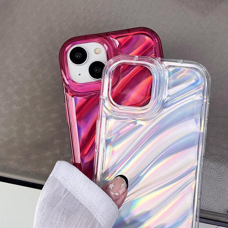Shimmering Laser iPhone Case: Compatible with iPhone 14Pro, 16Pro, 13, 15 - Transparent Red Water Ripple Design