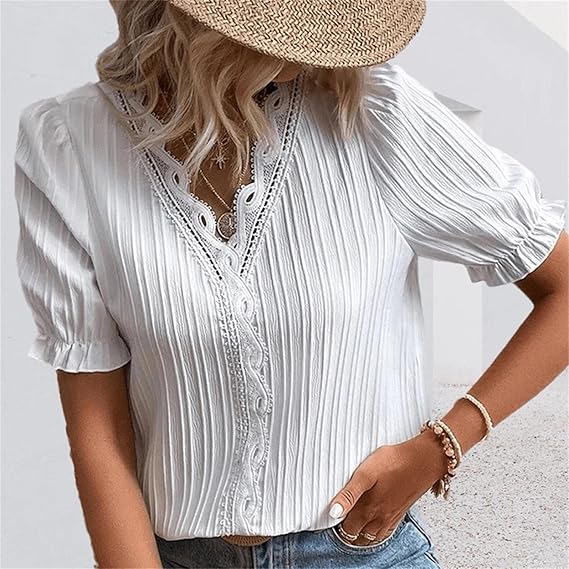 Women Plus Size Tops Hollow Short Sleeve Blouses V-Neck Shirt Casual Solid Color Pullover Blouse