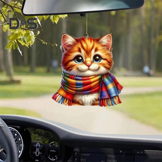 Cat Pendant Acrylic Mini Cartoon Cat Wearing Scarf Ornament Kitten Hanging Ornament for Xmas Tree Car Backpack