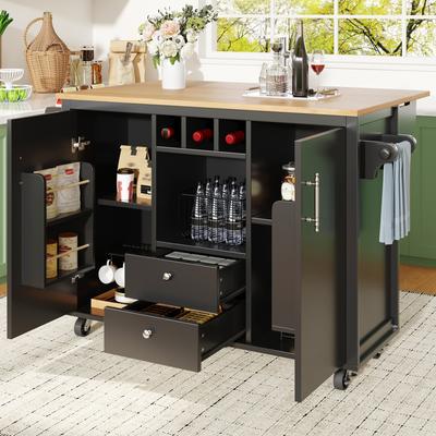 Kitchen Island 120 X 73 (45) X 92 Cm with Folding Worktop with Towel Holder Spice Rack Door Rack Wine Rack and Adjustable Shelves, White/Black