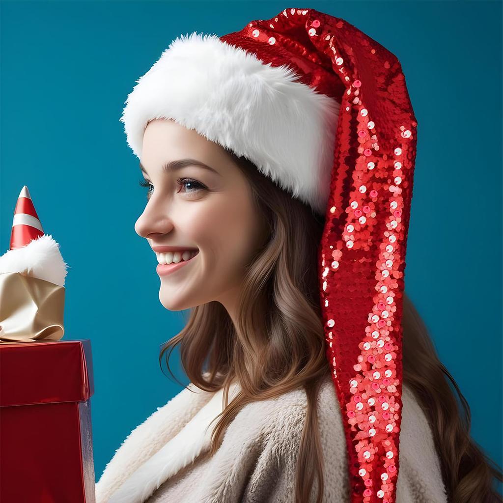 Super Long Sequin Christmas Hat Plush Santa Claus Hats with Long Fluffy Soft Velvet Long-tail Cap Adults Christmas Decoration