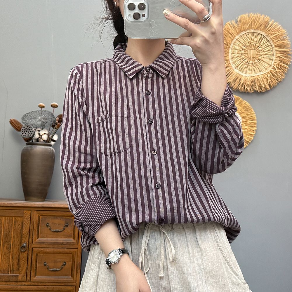 

Spring Striped Long Sleeve Shirt Women Casual Cotton Layered Blouse Slim Fit Top L фіолетовий