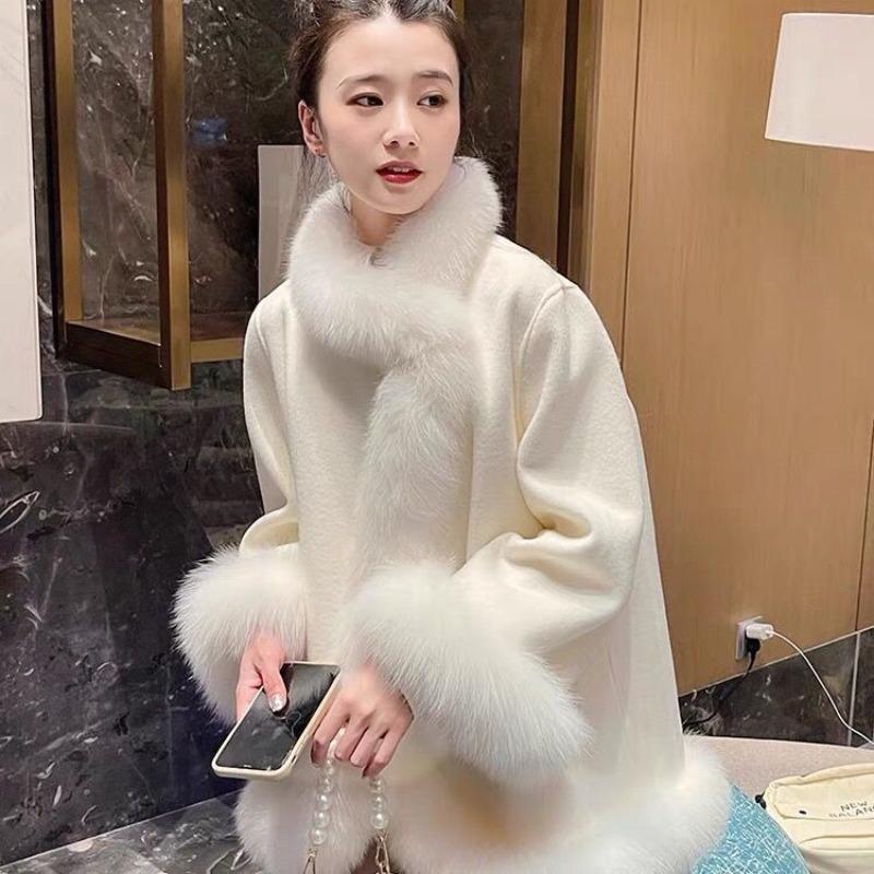 Winter Clothing Country Celebrity Style Imitation Fox Fur Medium and Long Coat Women's Wool Cloak Thickened Coat