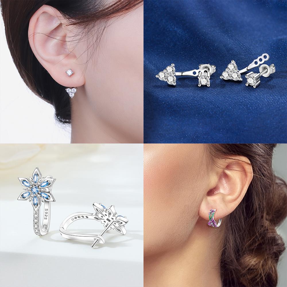 925 Silver Purple Iris Flower Stud Earrings Fringed Tassels Star Heart Earrings Woman's Accessory Jewelry Gift