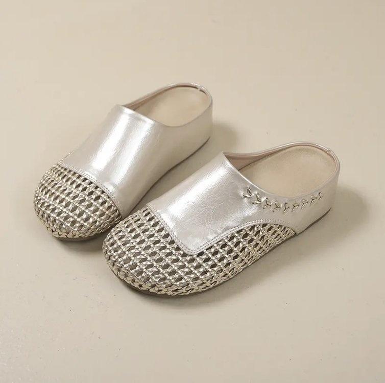 

2025 новая плетеная ажурная сумка на толстой подошве, крутые тапочки с закрытым носком, женские удобные и дышащие пляжные римские шлепанцы на одном ремешке 40 золотой