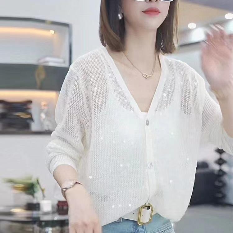 

QICED пайеточный вязаный кардиган женский летний халат сетчатый тканый тюль солнцезащитный костюм верхняя накидка Uniform size