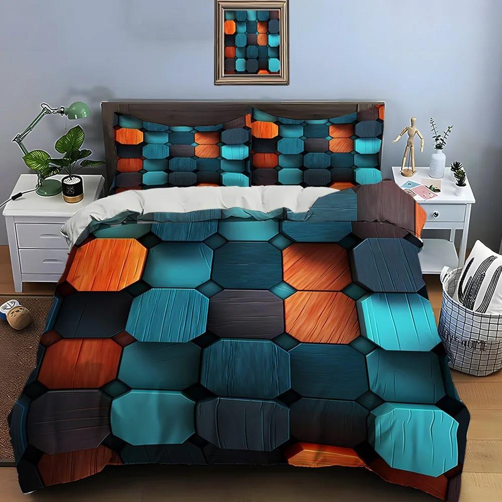 3D Honeycomb Square Gradient Color Print Bedding Set Duvet Cover 1 Duvet Cover 2 Pillowcases Adult and Boys Bedding Set Luxury