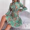 New Elegant Floral Tie Waist Long Sleeve Pleated Skirt Women's Fashion Dresses