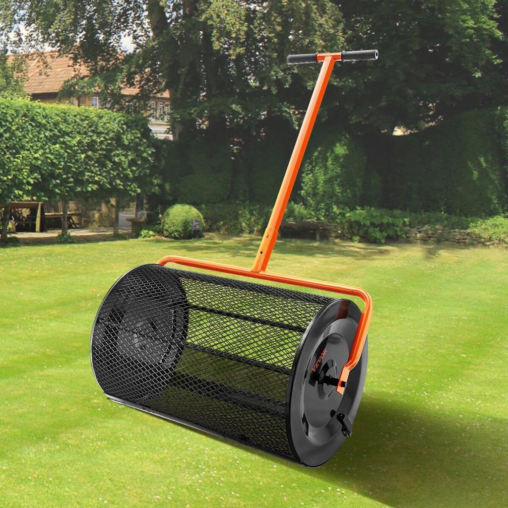 Compost Spreader, 24.4-25.6" Height Adjustable Handle, 24" Wide, Lawn and Garden Peat Moss Roller with Side Latches, Powder Coated Steel Mesh Basket