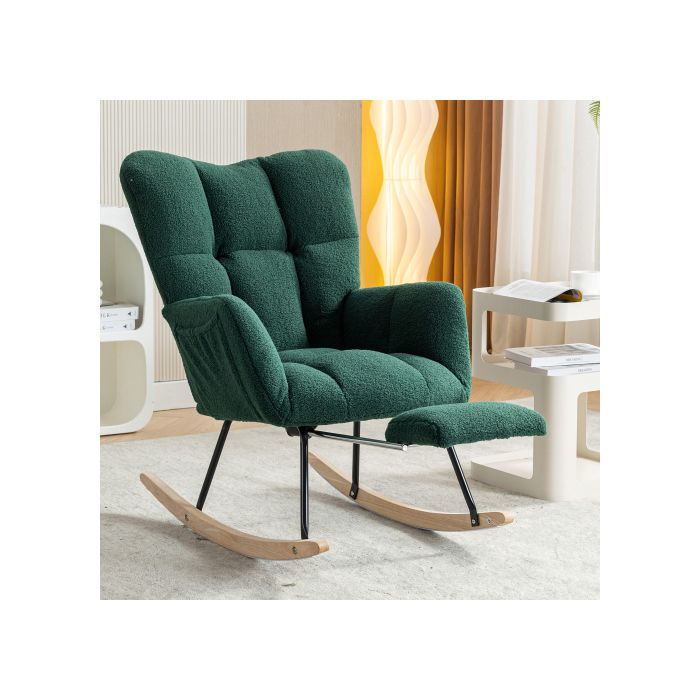 Nouveau fauteuil à bascule moderne avec rembourrage et tissu peluche, avec repose-pieds extensible, vert