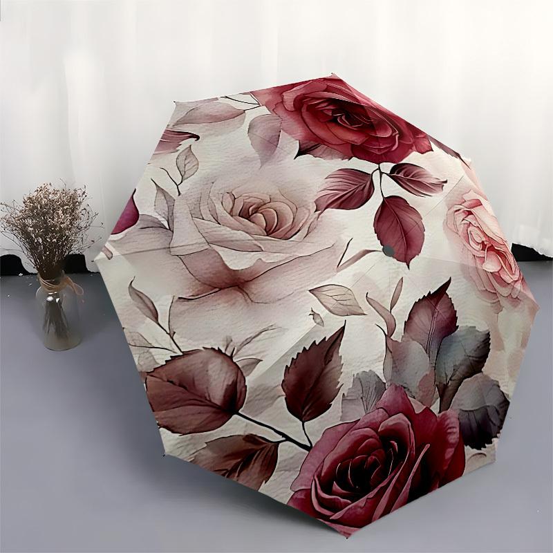 1PC Rose Floral Umbrella-8-Rib Reinforced Portable Folding Travel Suitable for All Seasons Outdoor Daily , Fun Design-Z0442